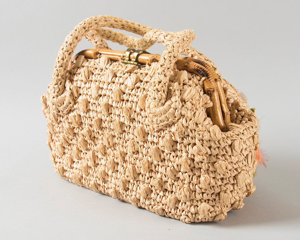 Vintage 1960s Purse | 60s Floral Woven Straw Handbag Bamboo 3D Flowers Doctors Bag
