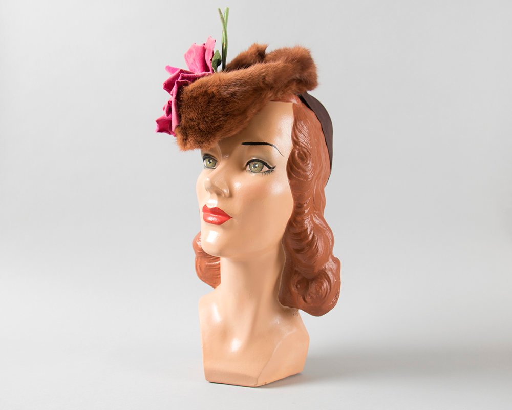 Vintage 1940s Hat | 40s Brown Mink Fur Pink Velvet Rose Floral Wool Felt Jaunty Tilt Hat