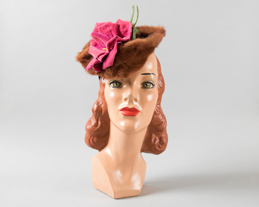 Vintage 1940s Hat | 40s Brown Mink Fur Pink Velvet Rose Floral Wool Felt Jaunty Tilt Hat