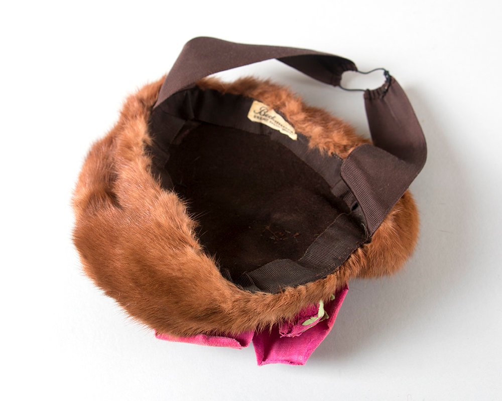 Vintage 1940s Hat | 40s Brown Mink Fur Pink Velvet Rose Floral Wool Felt Jaunty Tilt Hat