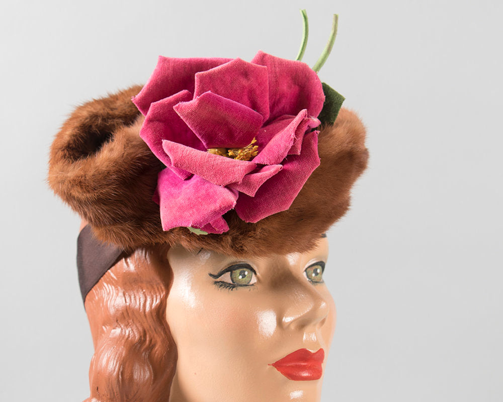 Vintage 1940s Hat | 40s Brown Mink Fur Pink Velvet Rose Floral Wool Felt Jaunty Tilt Hat