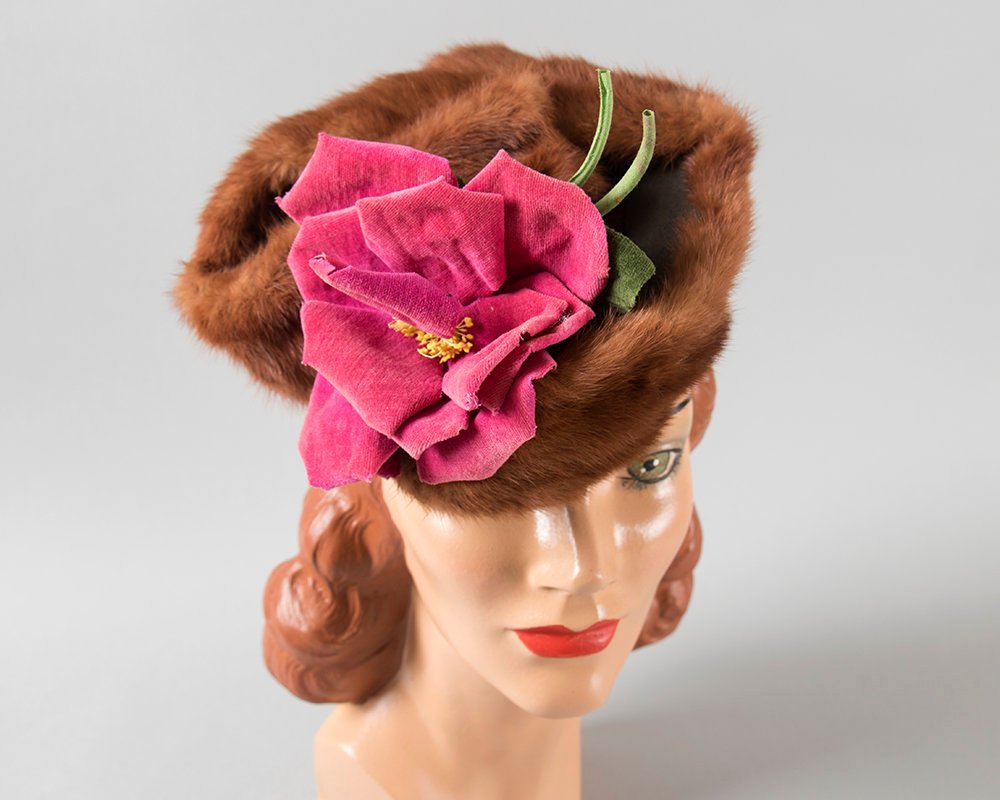 Vintage 1940s Hat | 40s Brown Mink Fur Pink Velvet Rose Floral Wool Felt Jaunty Tilt Hat