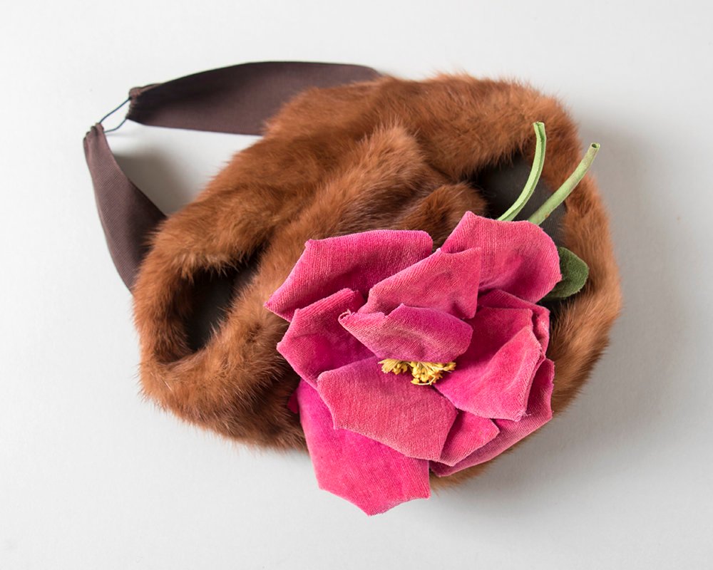 Vintage 1940s Hat | 40s Brown Mink Fur Pink Velvet Rose Floral Wool Felt Jaunty Tilt Hat