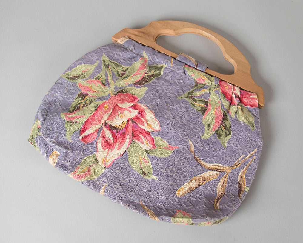 Vintage 1940s Purse | 40s Floral Cotton Wood Handle Handbag Purple Pink Topical Hawaiian Tiki Knitting Bag