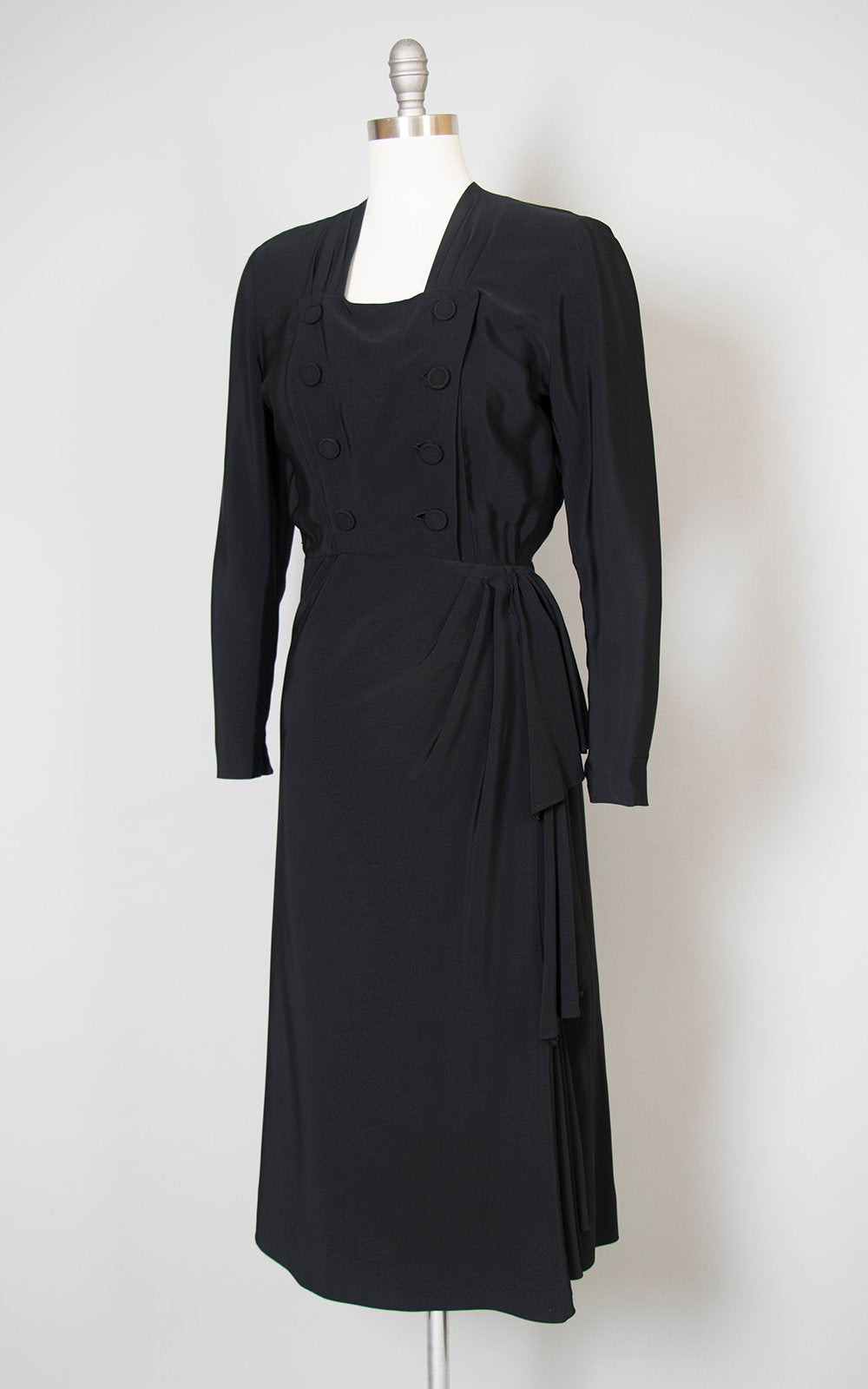 Vintage 1940s Dress | 40s Black Rayon Cocktail Dress Double Breasted Draped Long Sleeve Evening Dress (small)