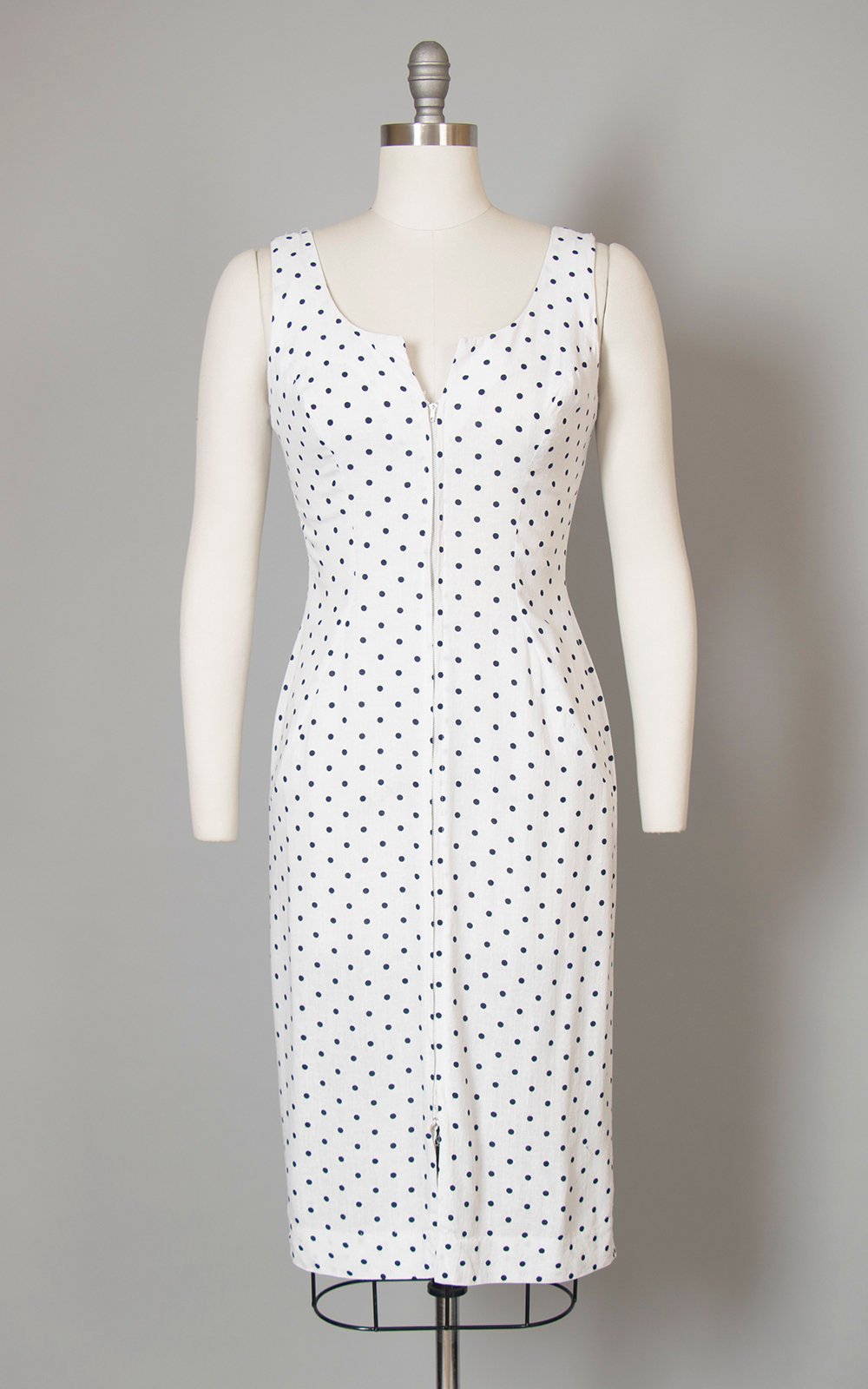 Vintage 1950s Dress | 50s Polka Dot Linen Sundress White Zip Front Bombshell Wiggle Day Dress (medium)