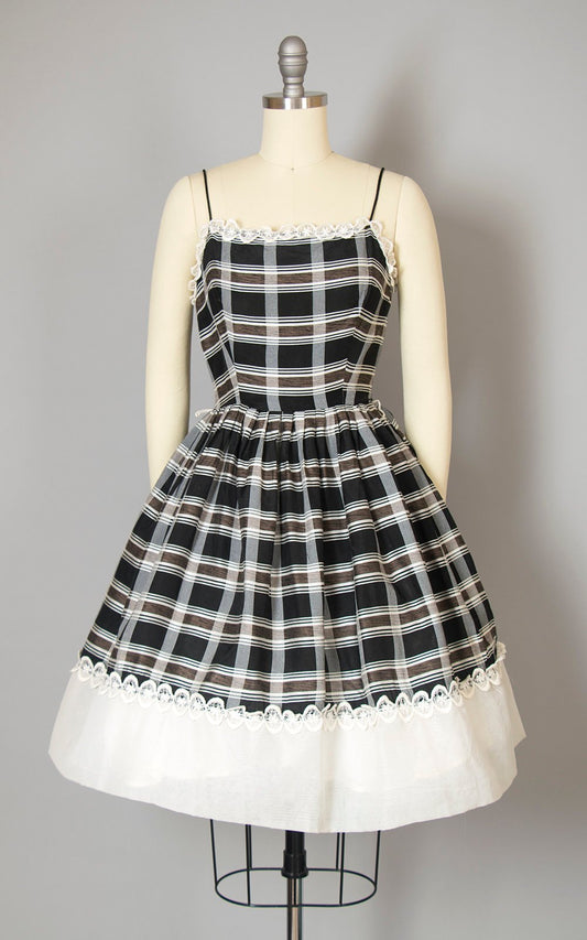 Vintage 1950s Dress | 50s Plaid Sundress Black White Spaghetti Strap Sun Dress Full Skirt Day Dress (x-small)