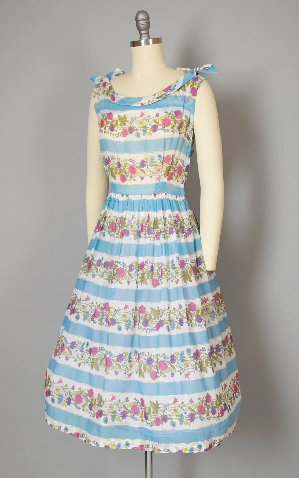 Vintage 1950s Dress | 50s Floral Cotton Voile Sundress Blue White Sun Dress Striped Full Skirt Day Dress (small)