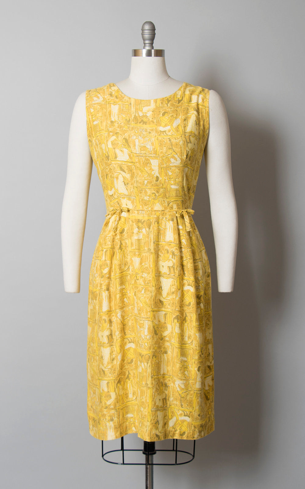 Vintage 1950s 1960s Dress | 50s 60s Egyptian Novelty Print Cotton Sheath Sundress Yellow Wiggle Day Dress (medium)