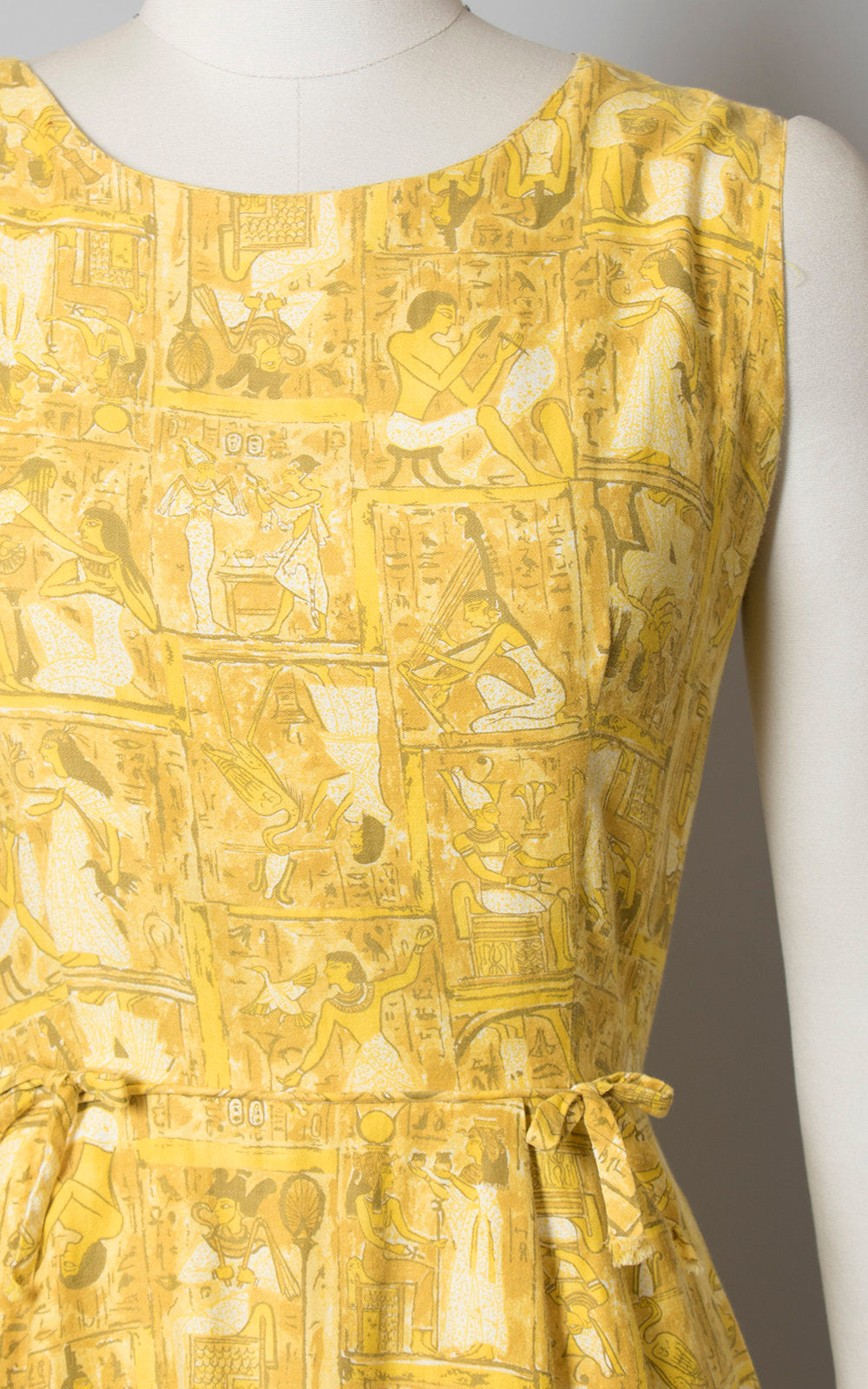 Vintage 1950s 1960s Dress | 50s 60s Egyptian Novelty Print Cotton Sheath Sundress Yellow Wiggle Day Dress (medium)