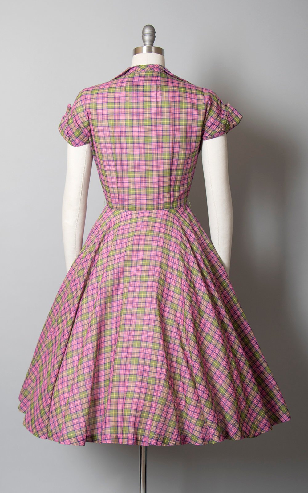 Vintage 1950s Dress | 50s Plaid Cotton Shirtwaist Pink Green Tartan Rhinestone Buttons Circle Skirt Day Dress (small)