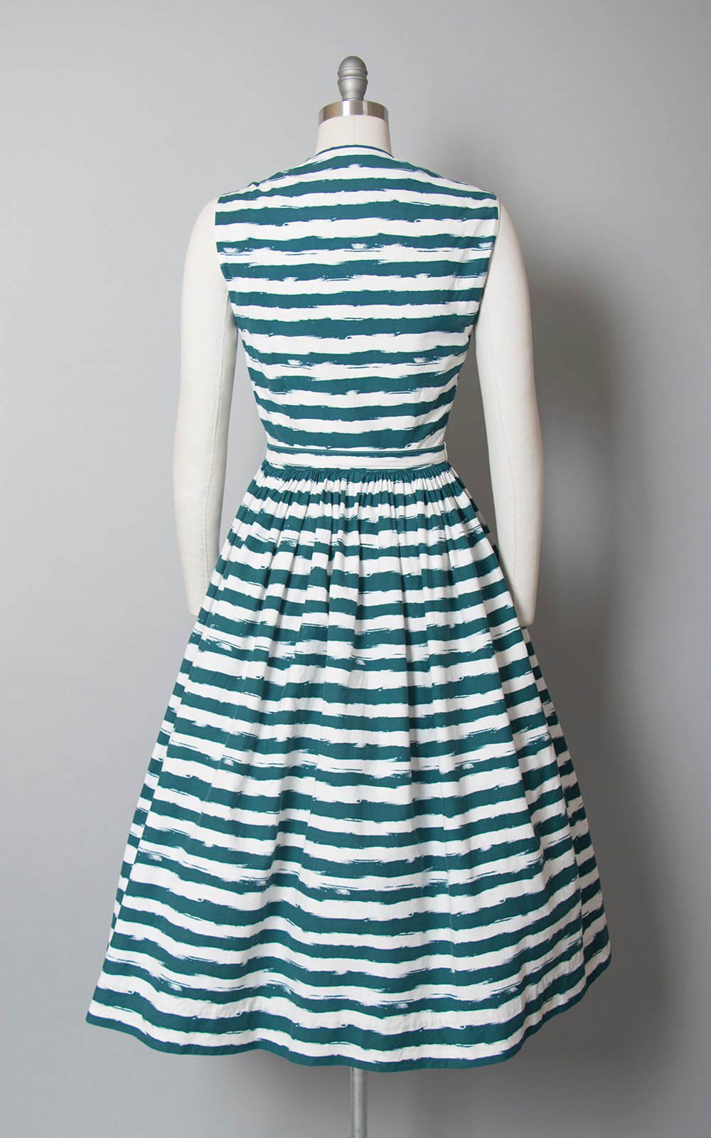 Vintage 1950s Dress | 50s HORROCKSES Striped Cotton Sundress Teal White Full Skirt Shirtwaist Day Dress (small)