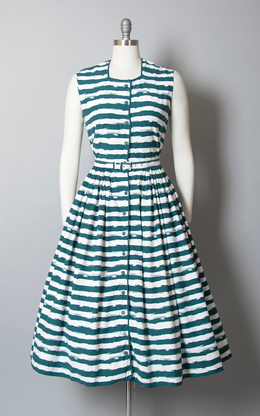 Vintage 1950s Dress | 50s HORROCKSES Striped Cotton Sundress Teal White Full Skirt Shirtwaist Day Dress (small)