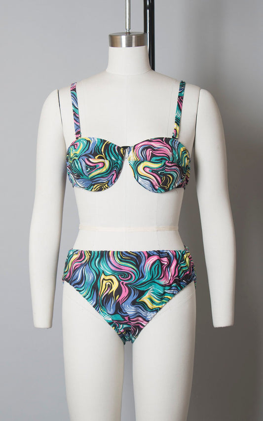 Vintage 1950s Bikini | 50s Psychedelic Swirl Printed Swimsuit Strapless Underwire Bra Low Rise Bathing Suit (small/medium)