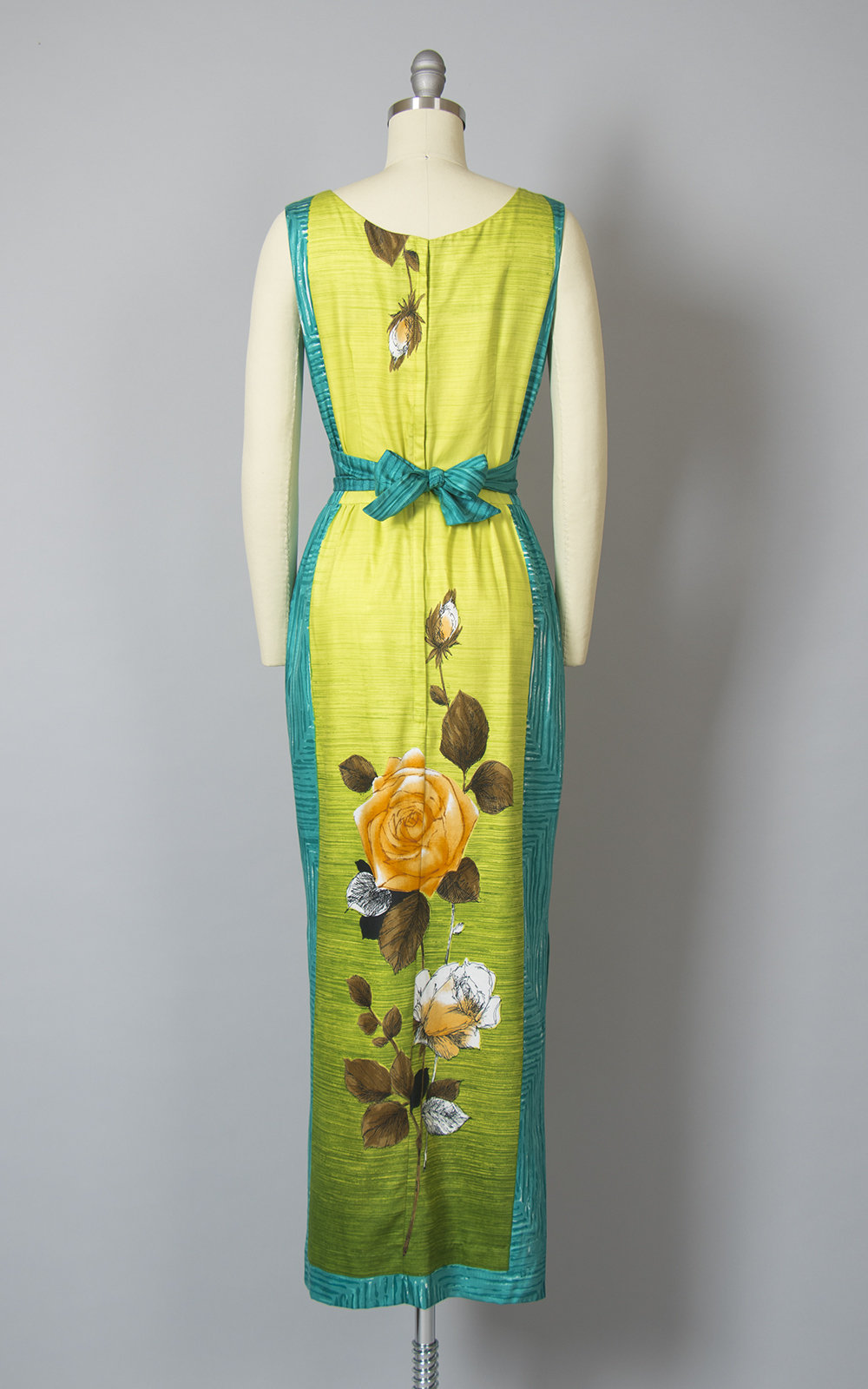 Vintage 1960s Dress | 60s Hawaiian Rose Floral Cotton Sundress Tiki Lime Green Teal Ombré Color Block Maxi Wiggle Day Dress (small)