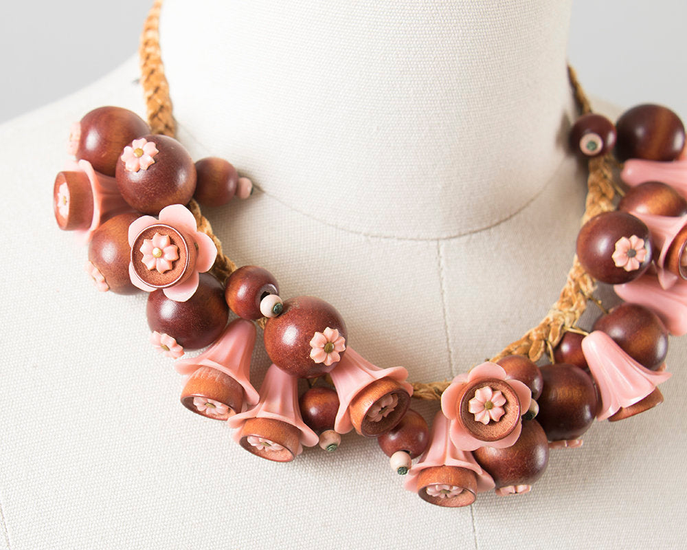 Vintage 1930s Necklace | 30s Floral Pink Plastic Wood Charms Braided Leather Beaded Statement Necklace