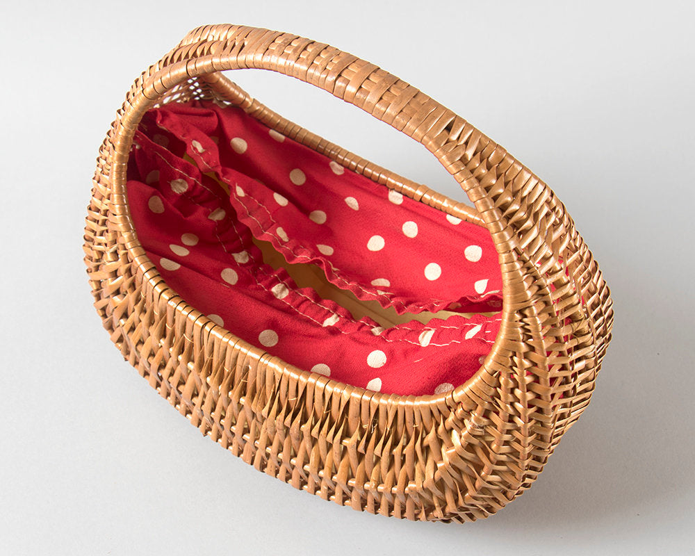 Vintage 1950s Purse | 50s Woven Wicker Picnic Basket Purse with Red Polka Dot Lining