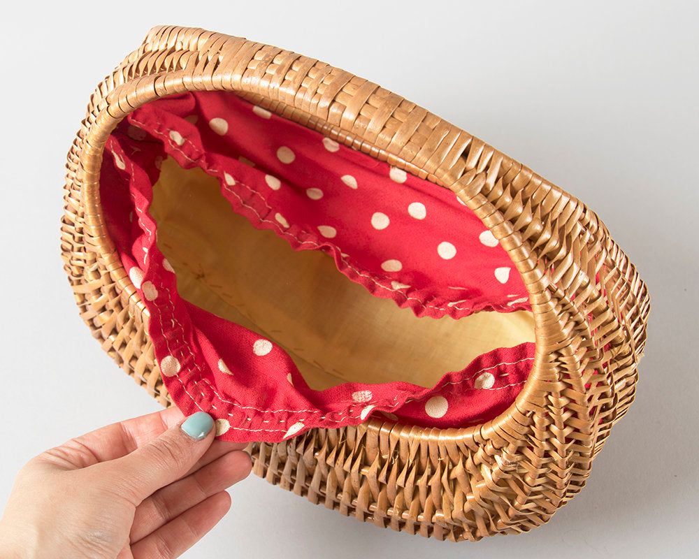 Vintage 1950s Purse | 50s Woven Wicker Picnic Basket Purse with Red Polka Dot Lining