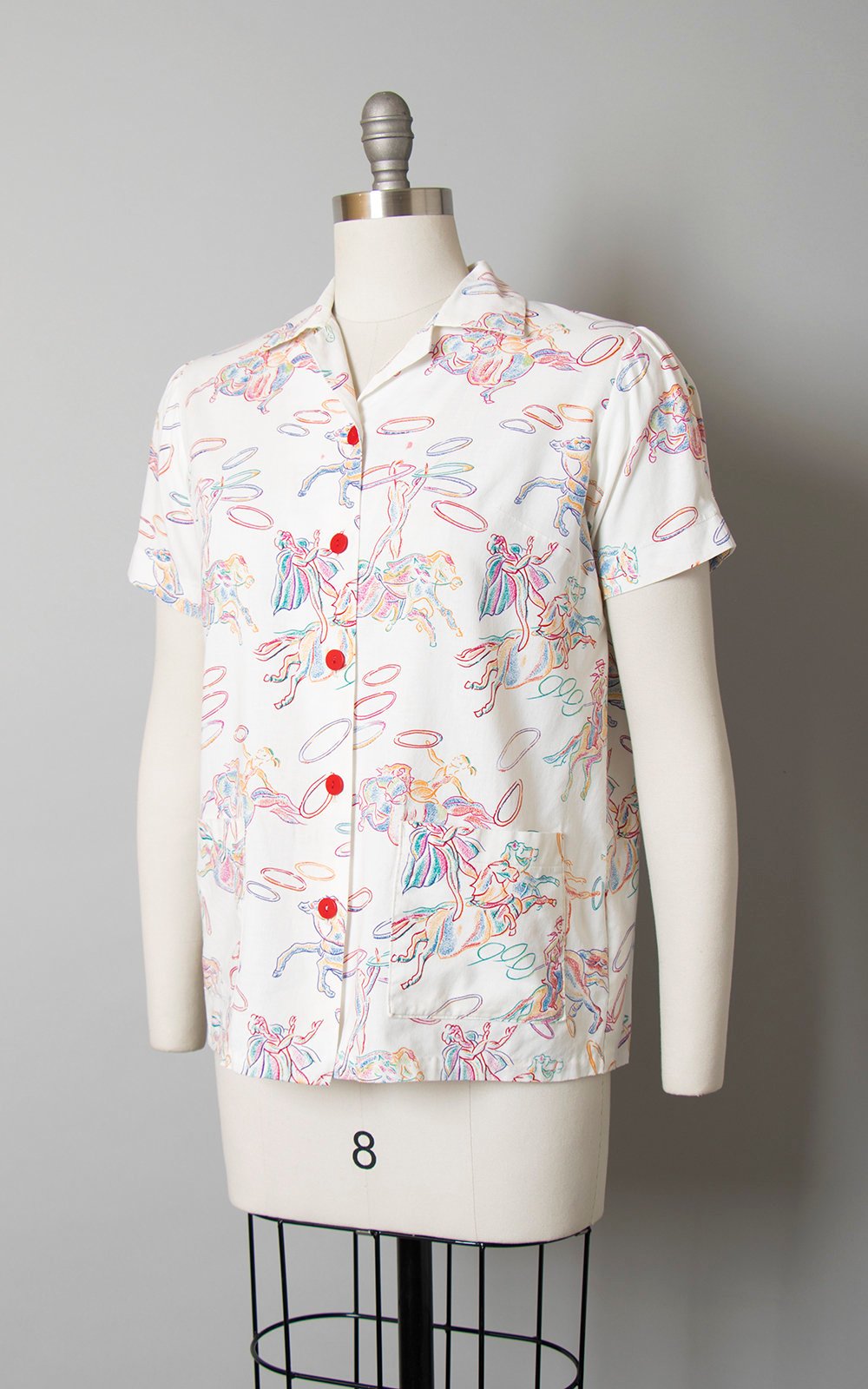 Vintage 1950s Style Blouse | Novelty Print Cotton Circus Horses White Button Up Pajama Top (medium/large)