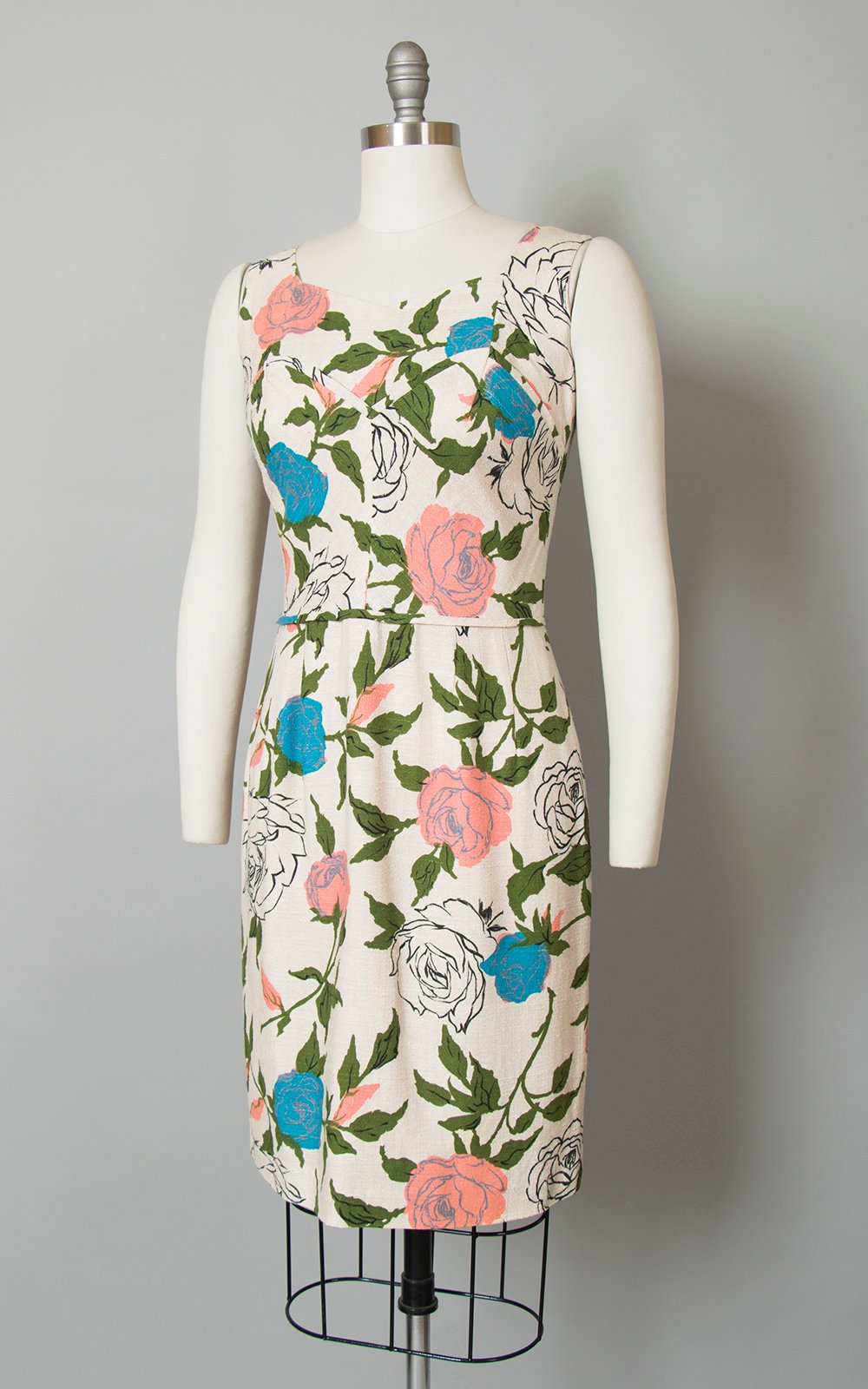 Vintage 1960s Dress | 60s Rose Floral Print Cocktail Dress Rayon Silk Cream Open Back Wiggle Sundress (medium)