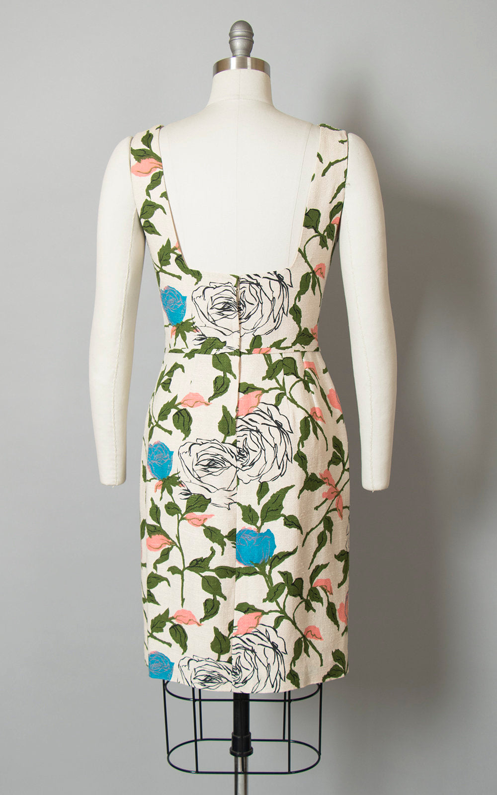 Vintage 1960s Dress | 60s Rose Floral Print Cocktail Dress Rayon Silk Cream Open Back Wiggle Sundress (medium)