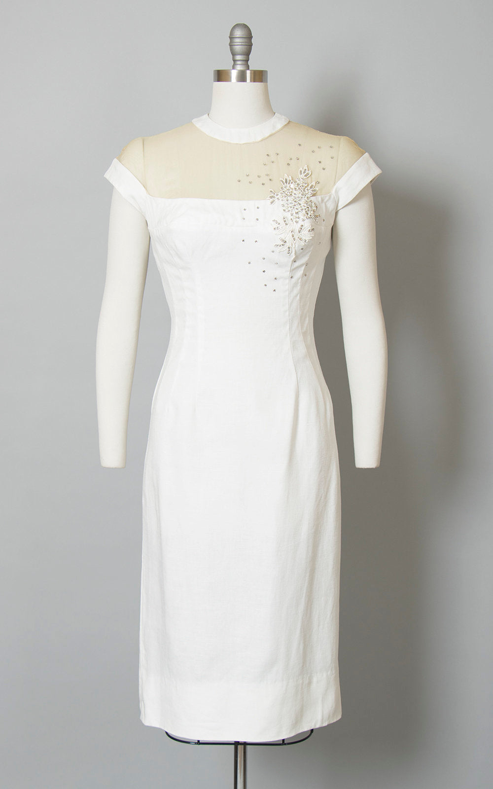Vintage 1950s Dress | 50s White Linen Sheer Mesh Neckline Rhinestone Beaded Lace Wiggle Cocktail Party Bombshell Dress (small)