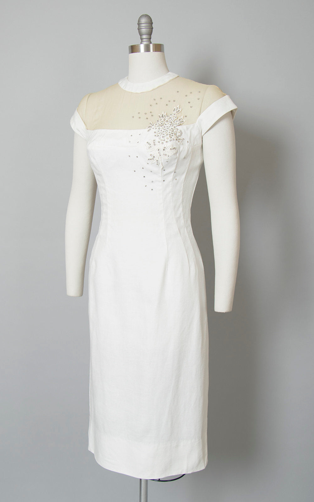 Vintage 1950s Dress | 50s White Linen Sheer Mesh Neckline Rhinestone Beaded Lace Wiggle Cocktail Party Bombshell Dress (small)