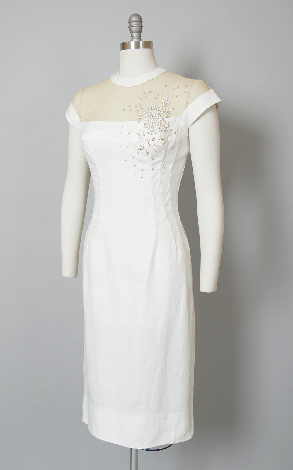 1950s Rhinestone Sheer Mesh White Linen Wiggle Dress small