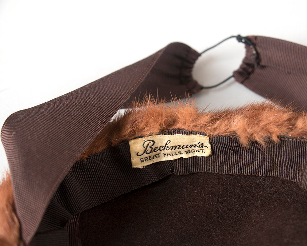 Vintage 1940s Hat | 40s Brown Mink Fur Pink Velvet Rose Floral Wool Felt Jaunty Tilt Hat