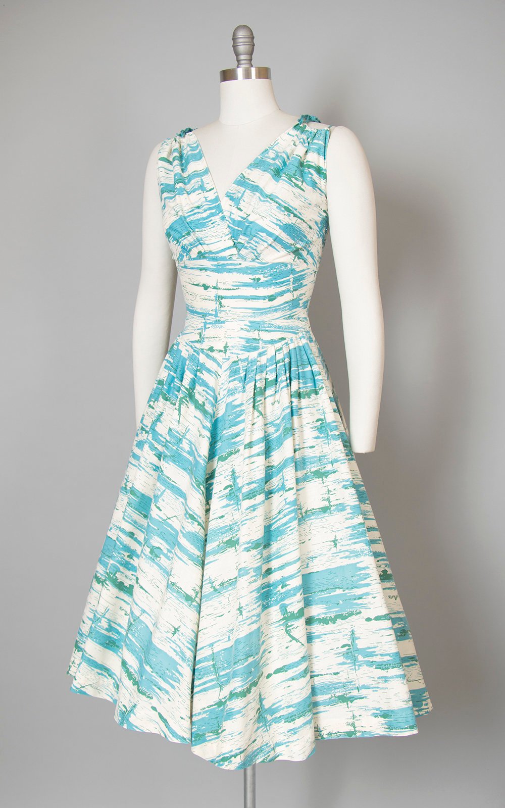 Vintage 1950s Dress | 50s Brushstroke Printed Cotton Sun Dress Blue White Sundress Full Skirt Day Dress (small)