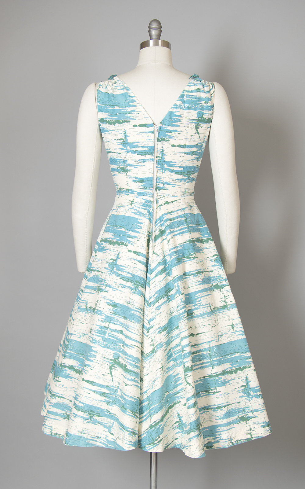 Vintage 1950s Dress | 50s Brushstroke Printed Cotton Sun Dress Blue White Sundress Full Skirt Day Dress (small)