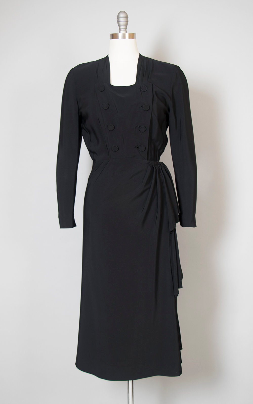 $65 DRESS SALE /// 1940s Black Rayon Double Breasted Draped Evening Dr ...
