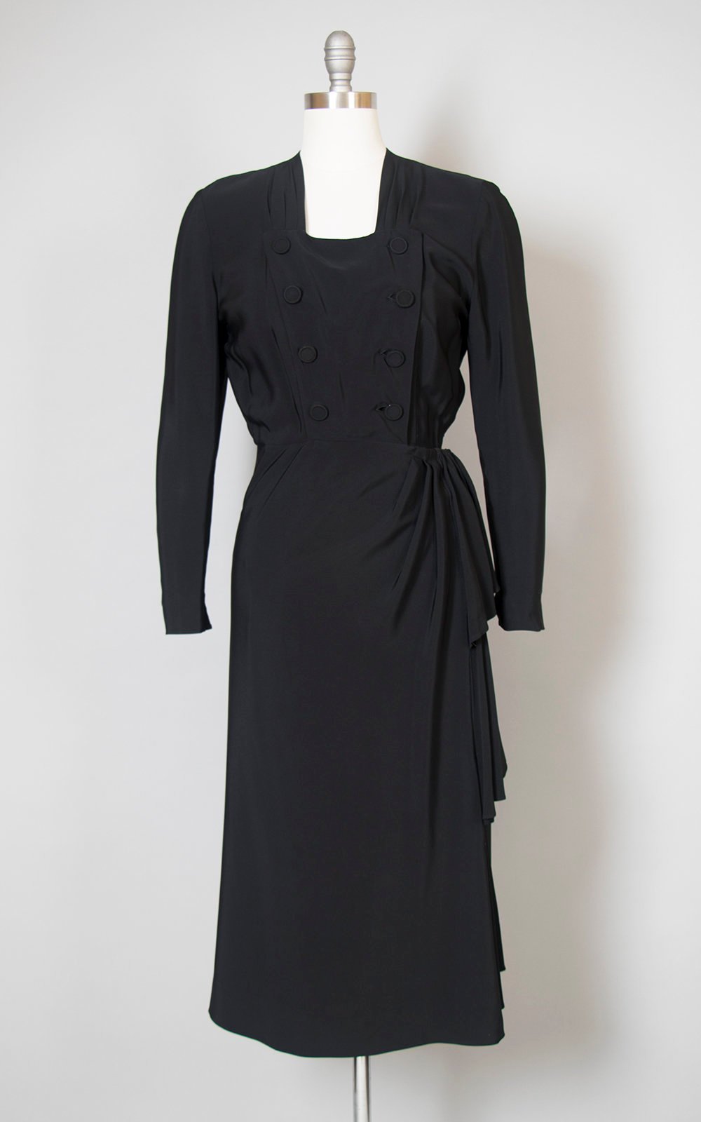 $65 DRESS SALE /// 1940s Black Rayon Double Breasted Draped Evening Dr