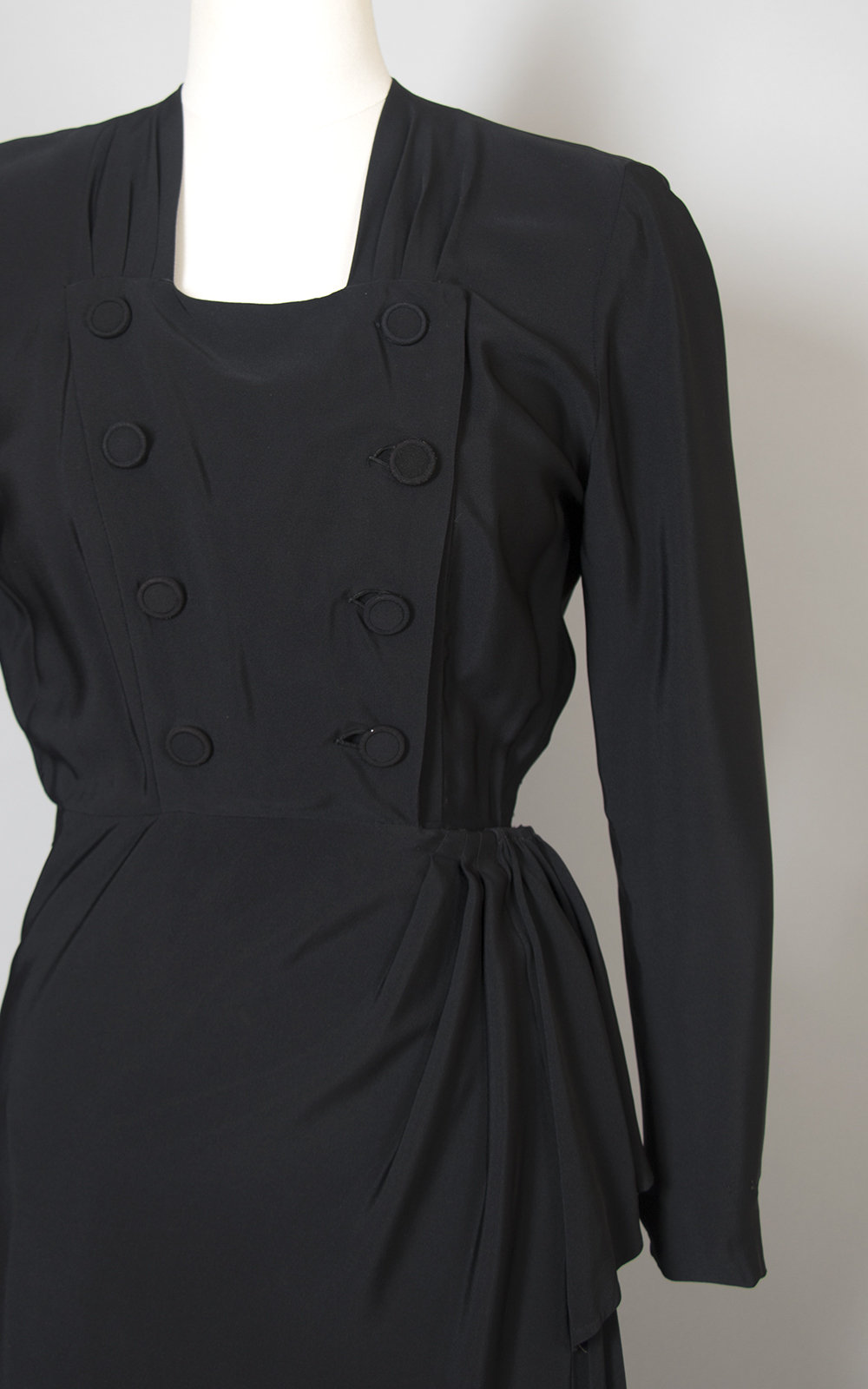 Vintage 1940s Dress | 40s Black Rayon Cocktail Dress Double Breasted Draped Long Sleeve Evening Dress (small)