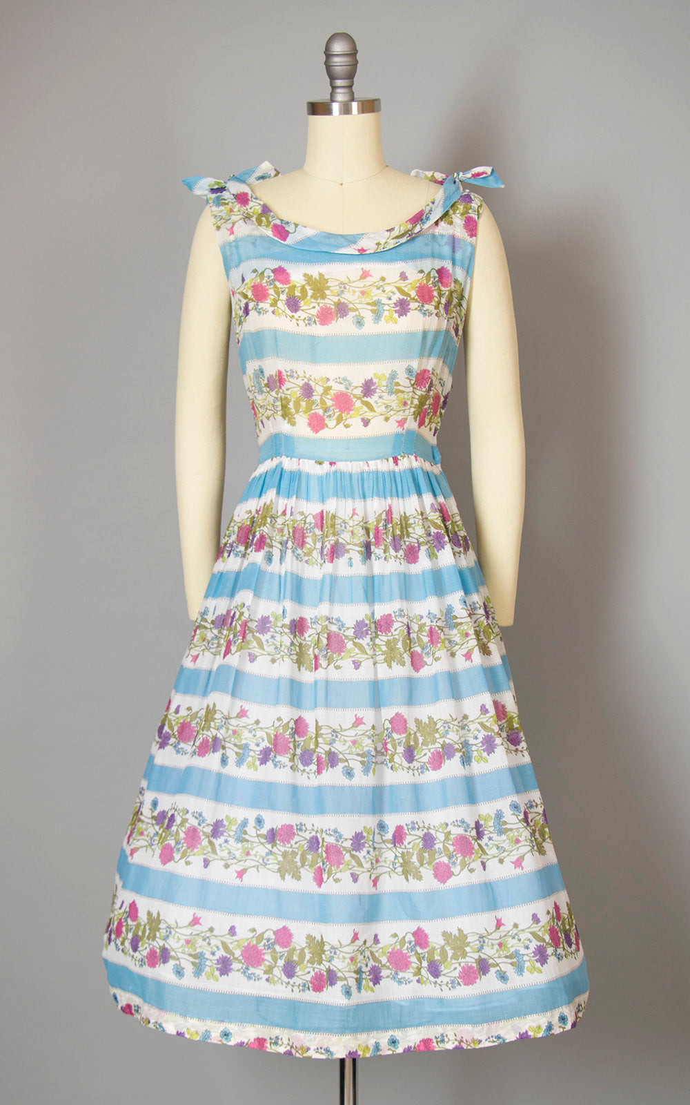 Vintage 1950s Dress | 50s Floral Cotton Voile Sundress Blue White Sun Dress Striped Full Skirt Day Dress (small)