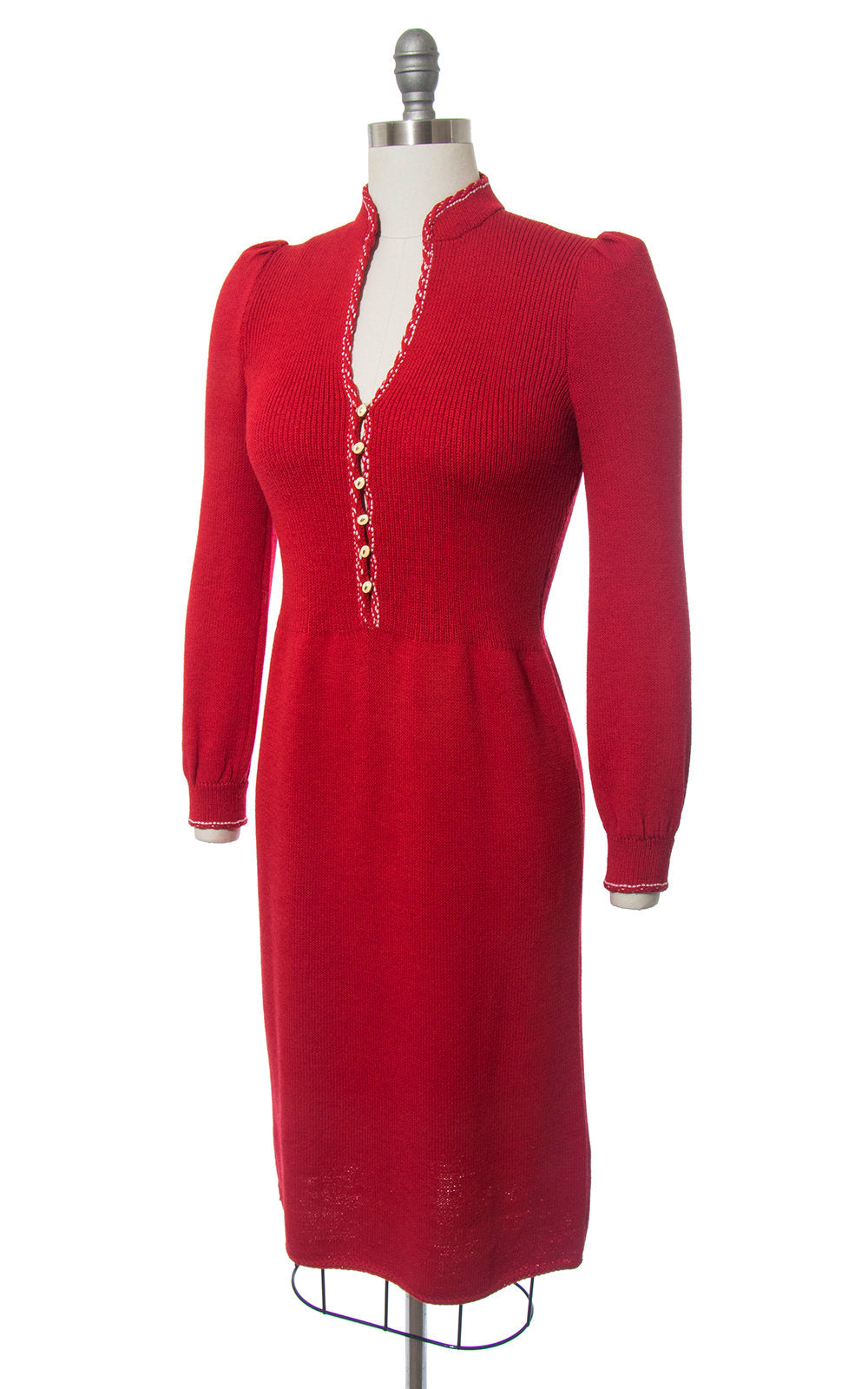 Vintage 1980s Dress | 80s ST JOHN Red Knit Button Up Long Puff Sleeve Day Dress (small/medium)