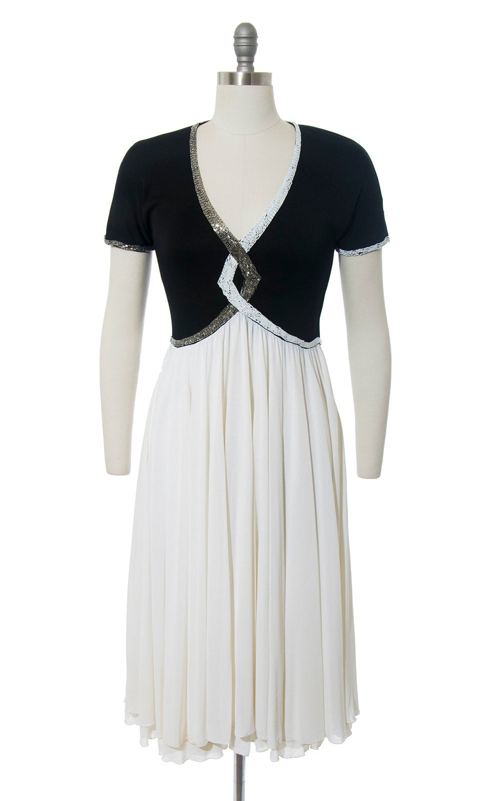 Vintage 1940s Style Dress | Beaded Jersey Knit Evening Gown Color Block Black White Party Dress (medium)