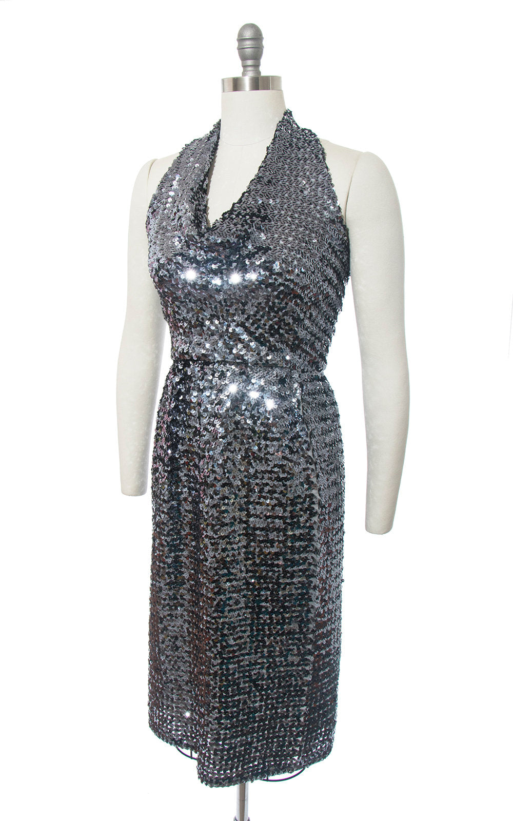 1970s Silver Sequin Halter Party Dress | small Birthday Life Vintage 1970s Silver Sequin Halter Party Dress | small Birthday Life Vintage