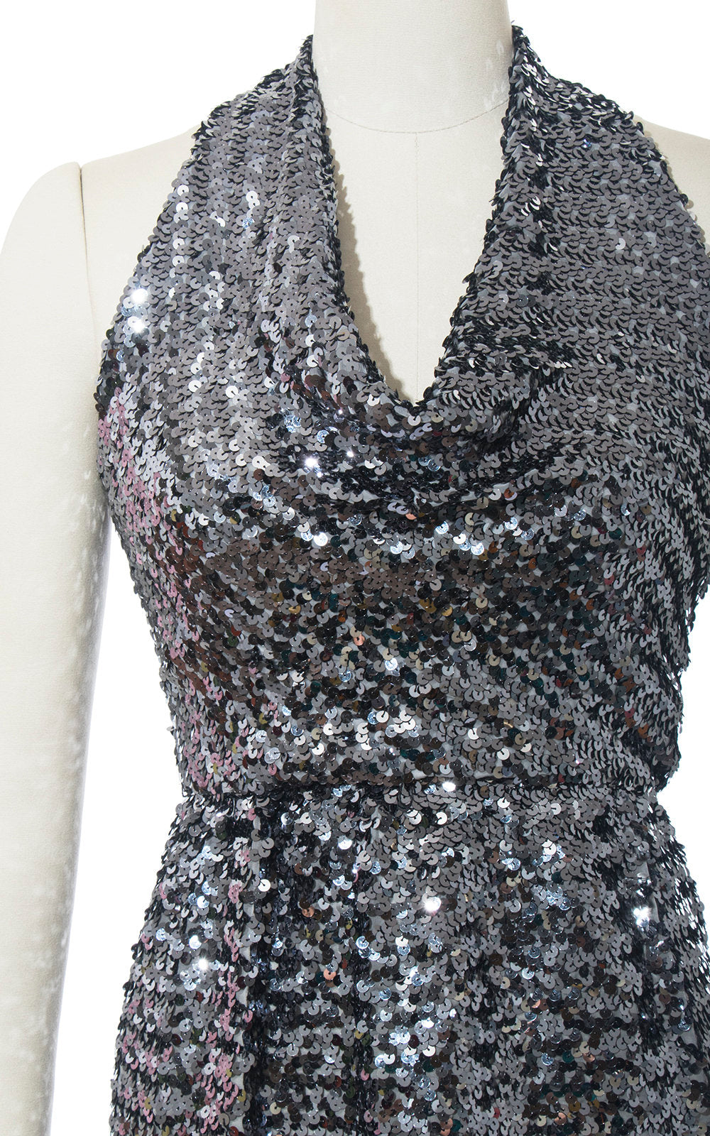 Vintage 1970s Dress | 70s Sequin Halter Sparkly Silver Cowl Halter Neck Wiggle Party Dress (small)