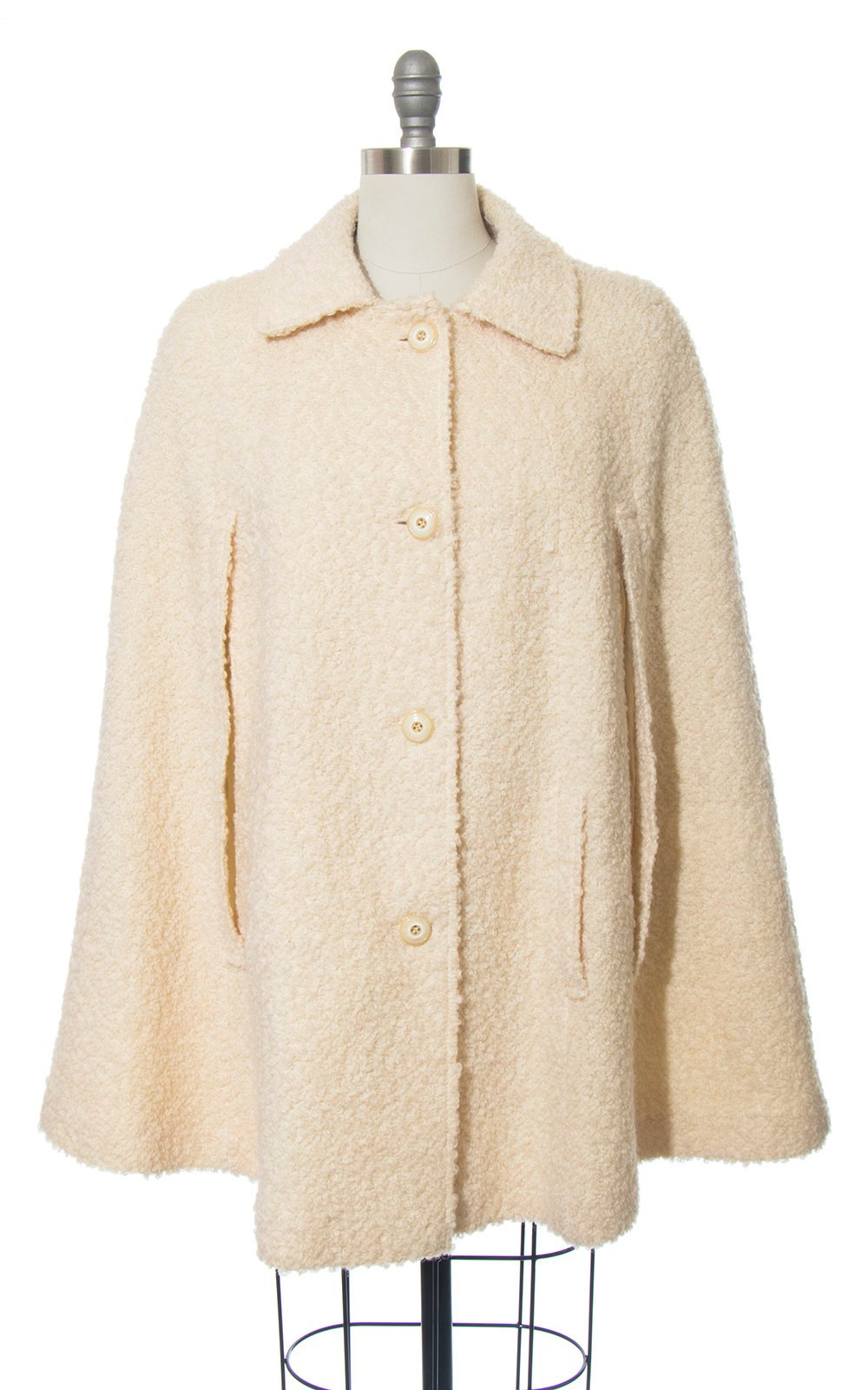 Vintage 1960s Cape | 60s Cream Bouclé Wool Coat with Pockets (small/medium)