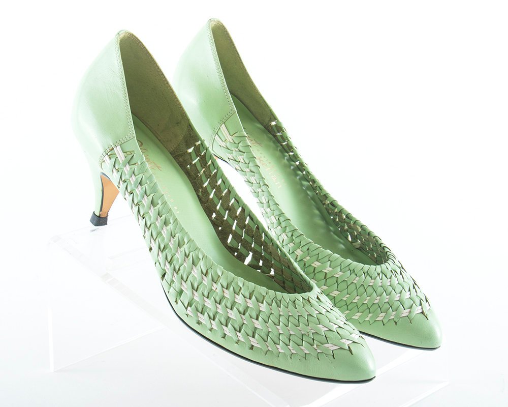 Vintage 1980s Shoes | 80s Woven Leather Mint Green High Heels (size 10)