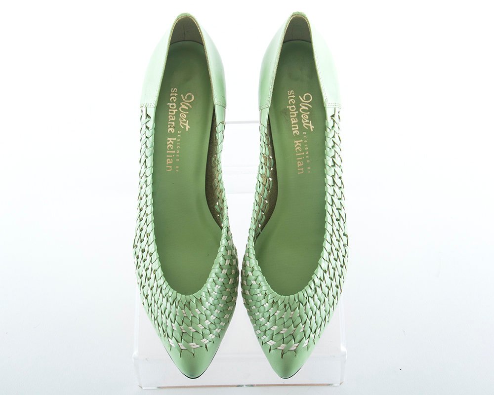 Vintage 1980s Shoes | 80s Woven Leather Mint Green High Heels (size 10)