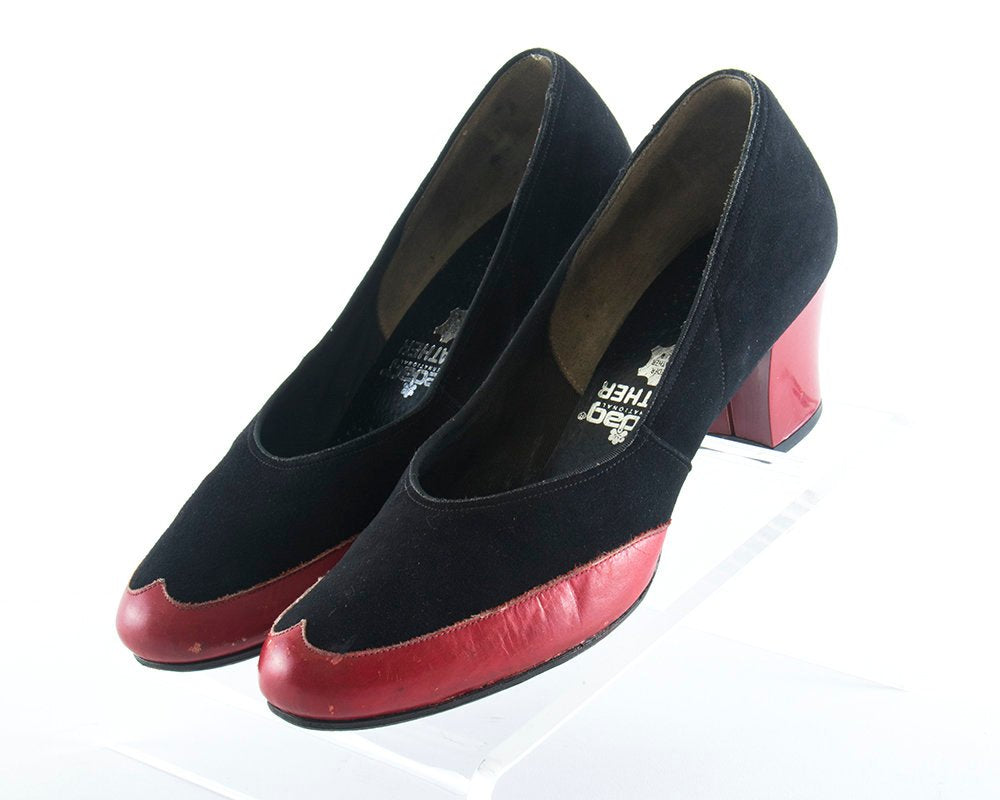 Vintage 1940s Shoes | 40s Spectator Heels Black Suede Red Leather Pumps (size US 8)