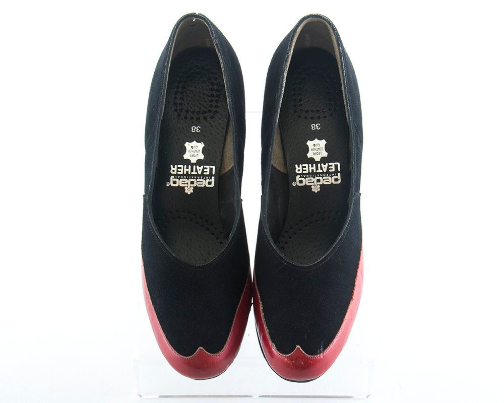 Vintage 1940s Shoes | 40s Spectator Heels Black Suede Red Leather Pumps (size US 8)