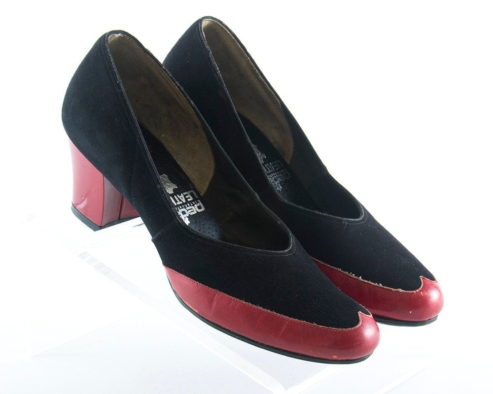 Vintage 1940s Shoes | 40s Spectator Heels Black Suede Red Leather Pumps (size US 8)