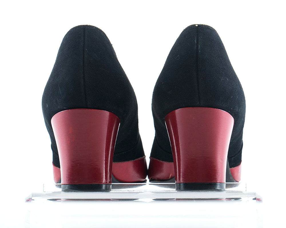 Vintage 1940s Shoes | 40s Spectator Heels Black Suede Red Leather Pumps (size US 8)