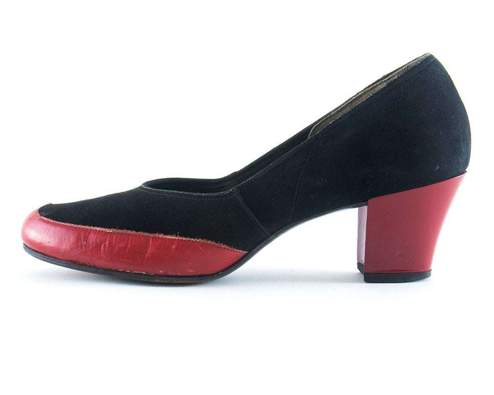 Vintage 1940s Shoes | 40s Spectator Heels Black Suede Red Leather Pumps (size US 8)