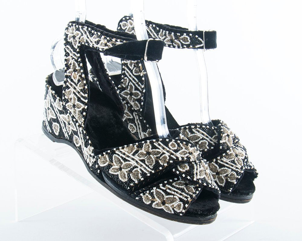 RARE Vintage 1940s Shoes | 40s Beaded Velvet Wedge Heels White Black Peep Toe Ankle Strap Sandals (US 8)