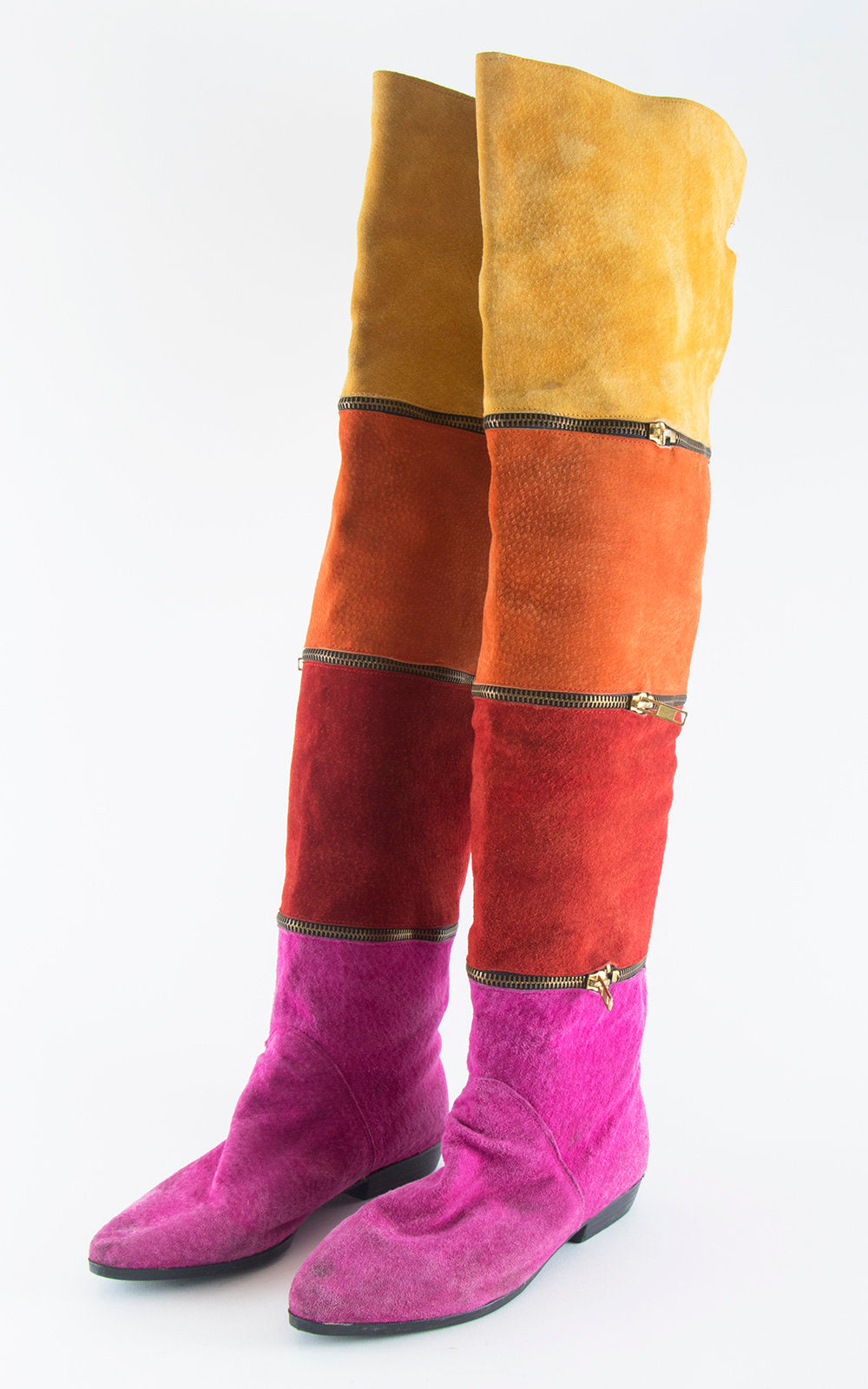 Vintage 1980s Boots | 80s Rainbow Striped Suede Zippers Over The Knee High Almond Toes Boots (size US 7/7.5)