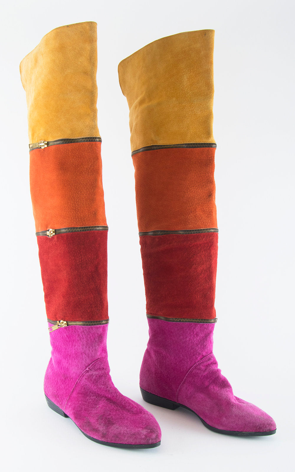 Vintage 1980s Boots | 80s Rainbow Striped Suede Zippers Over The Knee High Almond Toes Boots (size US 7/7.5)